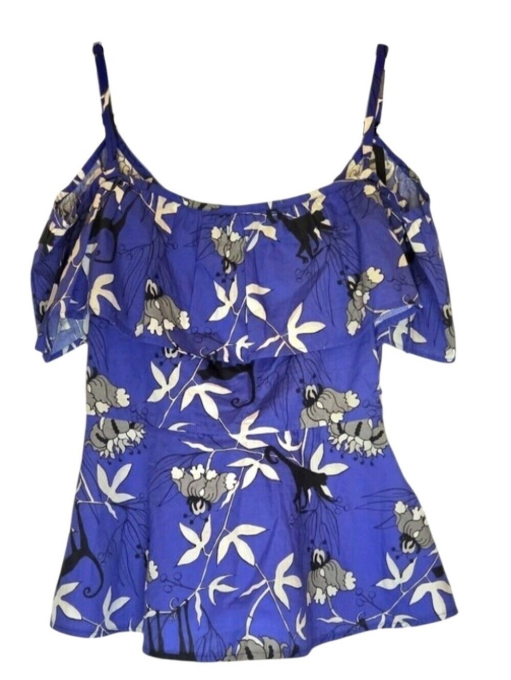 Markus Lupfer Blue Floral Ruffle Cold Shoulder Top Size XS